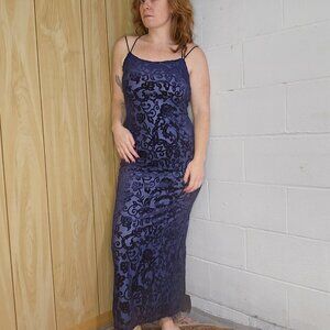 Vintage Glam Regency Coastal Blue Floral Print Velvet Slinky Maxi Cocktail Dress